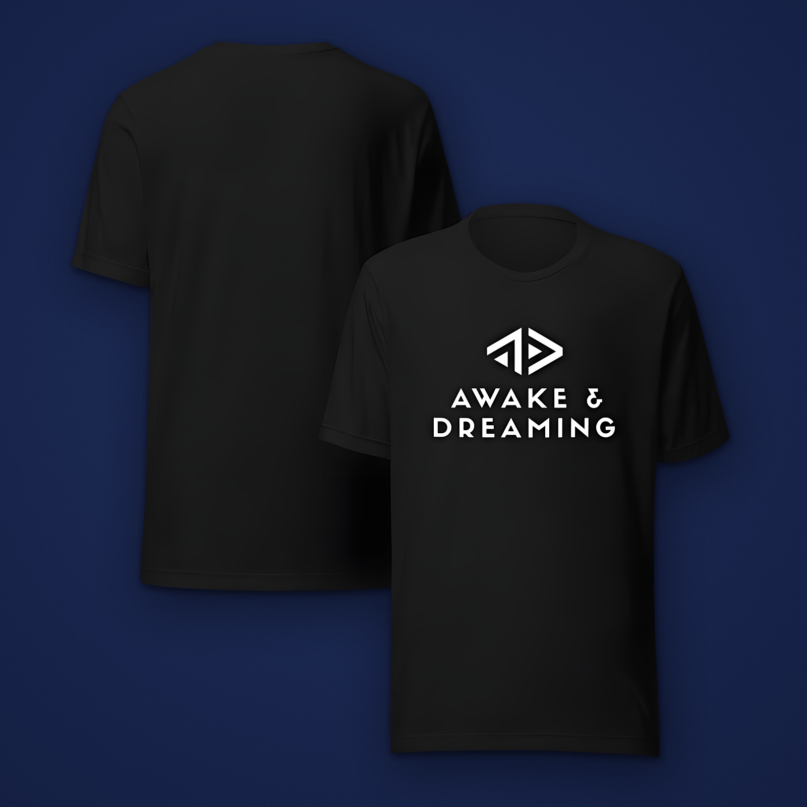 Awake & Dreaming Logo Tee in black, front and back, white A&D mark and wordmark on the chest