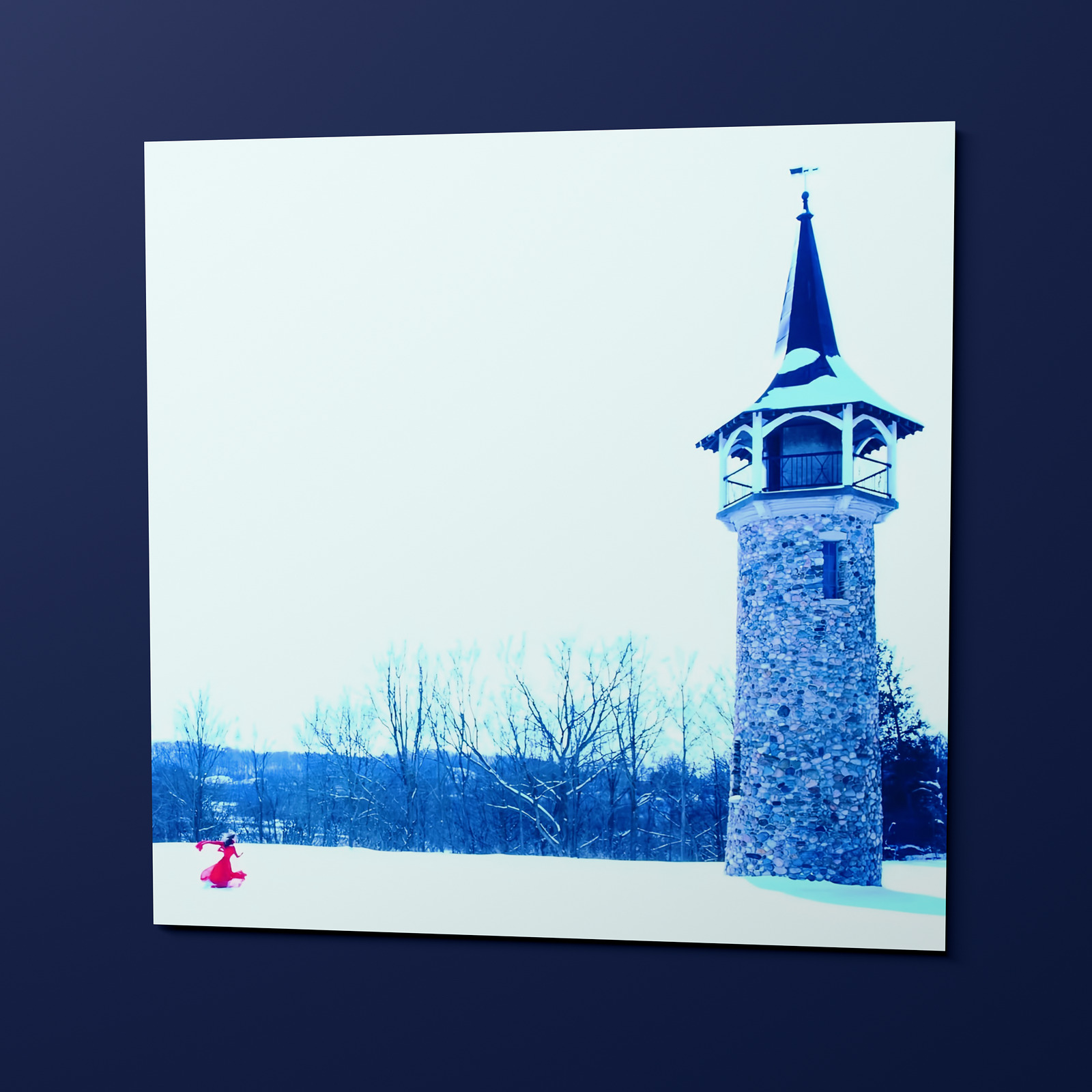 The Tower Poster, an 18 by 18 inch matte print hung on a wall: Sasha in red, small against the snow and the stone tower